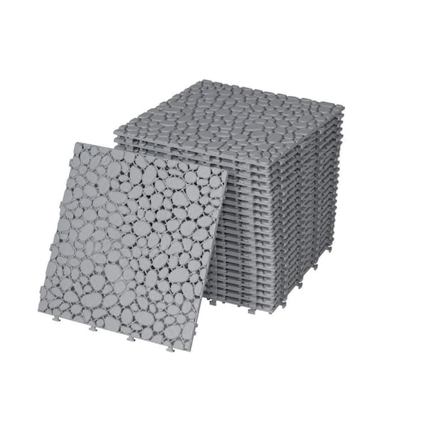cadeninc Gray 12 in. x 12 in. x 0.56 in. Thick Plastic Interlocking Deck Tiles Pebble Stone Pattern Anti-Slip 24 sq. ft. 24 Pack
