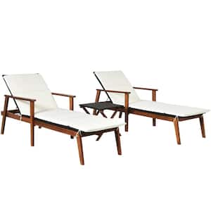 Cushioned 3-Piece Outdoor Patio Adjustable Rattan Lounge Chair Set with Folding Table and White Cushion