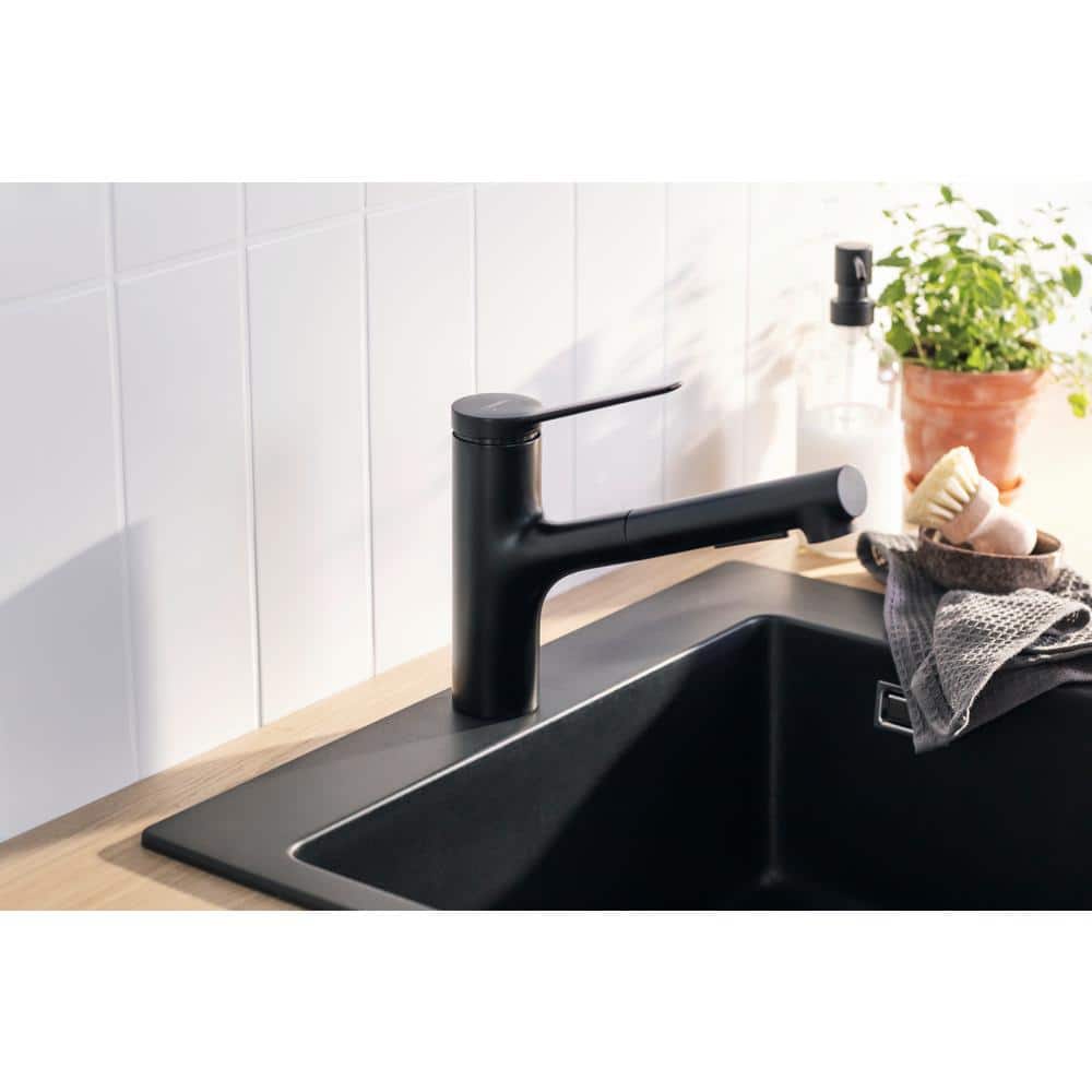 Matte Black Brass Kitchen Faucet with Pull-Out Spray