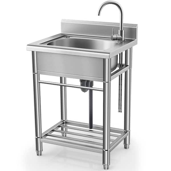 21.6 in. Freestanding Stainless Steel 1-Compartment Commercial Kitchen Sink with Faucet, Towel Rack and Undershelf