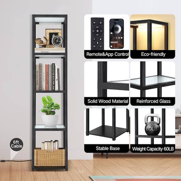 67in. Black Modern 4-Light Dimmable LED Column Floor Lamp with Glass Shelves and Remore Control