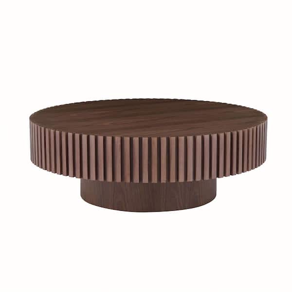 Tenleaf 31.49 in. Walnut Brown Round Wood Outdoor Coffee Table with Sturdy Pedestal