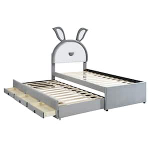 Wood Frame Velvet and PU Leather Upholstered Platform Bed with Rabbit Ears, 3 Drawers, Twin Trundle, LED Lights