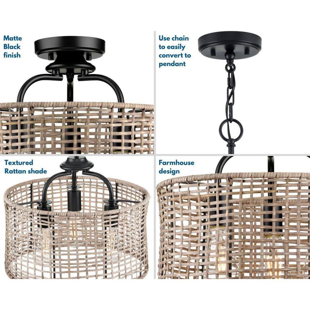 Matte Black and Rattan 3-Light Semi-Flush Mount Ceiling Light