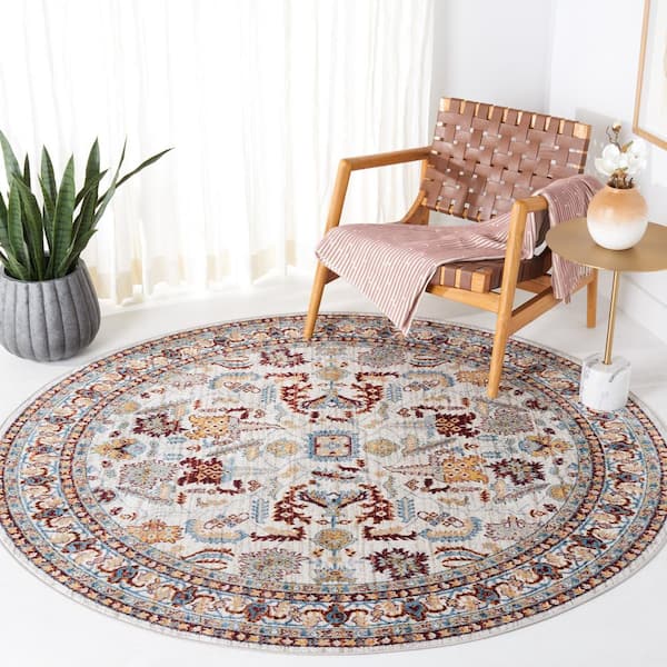 Bayside Beige/Blue 7 ft. x 7 ft. Machine Washable Border Medallion Round Area Rug