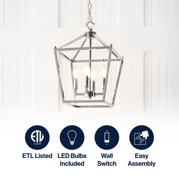 【yoh】 JONATHAN Y Pagoda 12 in. 4-Bulb Chrome Lantern Metal LED