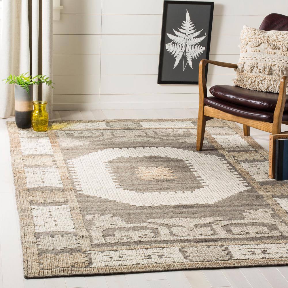 Ivory and Gray Hand-Knotted Wool Square Area Rug
