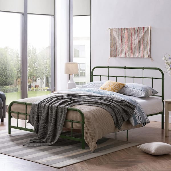 Berthoud Industrial Antique Green Metal Frame Queen Size Platform Bed with Rounded Corner Headboard and Footboard