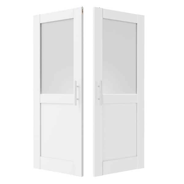 TENONER 64 in. x 80 in. Solid Wood & MDF, 1/2 Lite, Frosted Glass, White Primed, Pantry Door, Interior Door Slab with Ball Catch