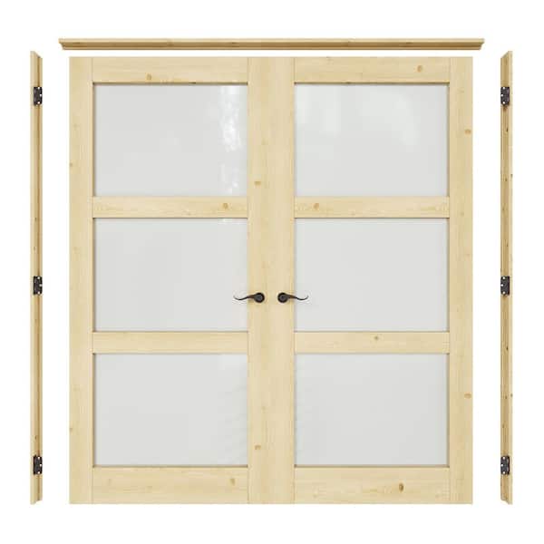 72 in. x 80 in. 3-Lite Frosted Glass Universal Solid Core Glass Double Prehung Interior Door with Quick Assemble Jamb