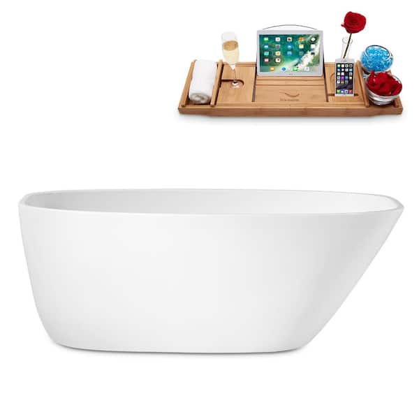 59 in. x 30 in. Acrylic Freestanding Soaking Bathtub in Glossy White with Brushed Brass Drain