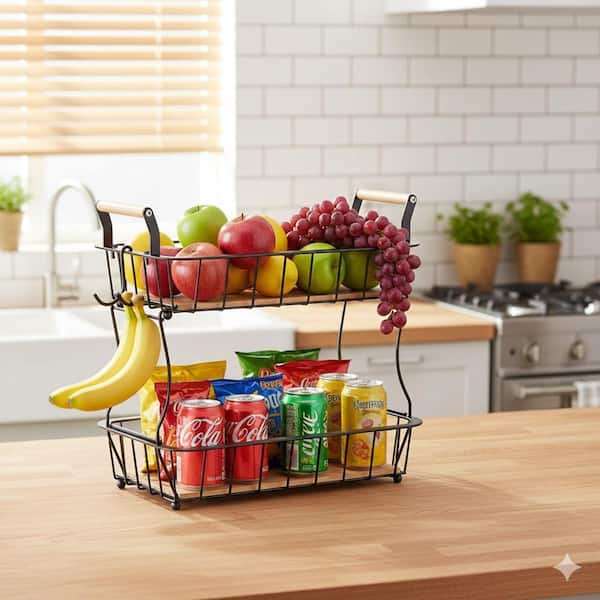 2 Piece Detachable 2 Tier Fruit Basket Set with Removable Banana Hangers Vegetable Storage Kitchen Counter