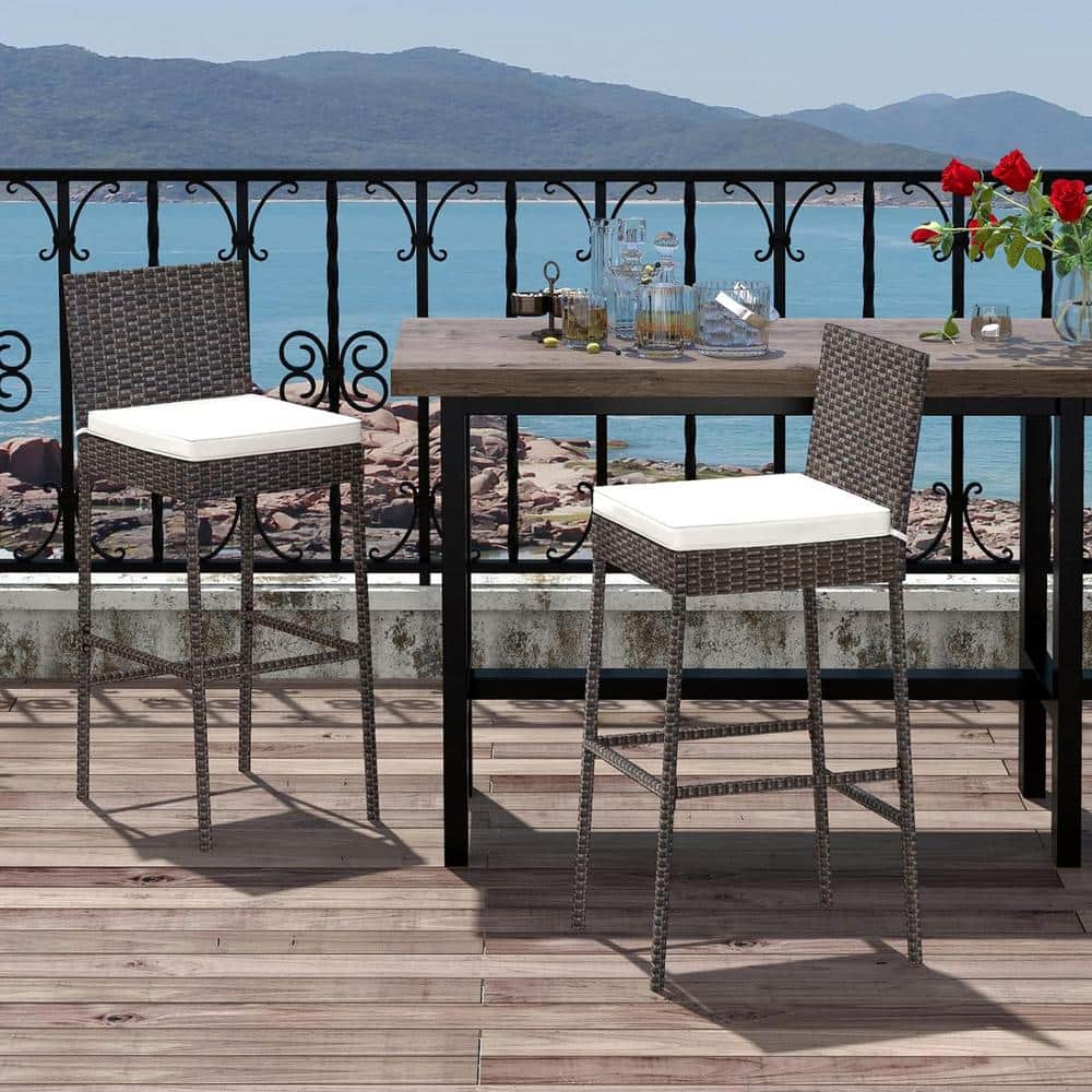 Wicker Outdoor Bar Stool with Beige Cushion and Cozy Footrest Set of 2