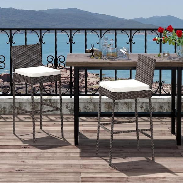 Unbranded Wicker Outdoor Bar Stool with Beige Cushion and Cozy Footrest Set of 2