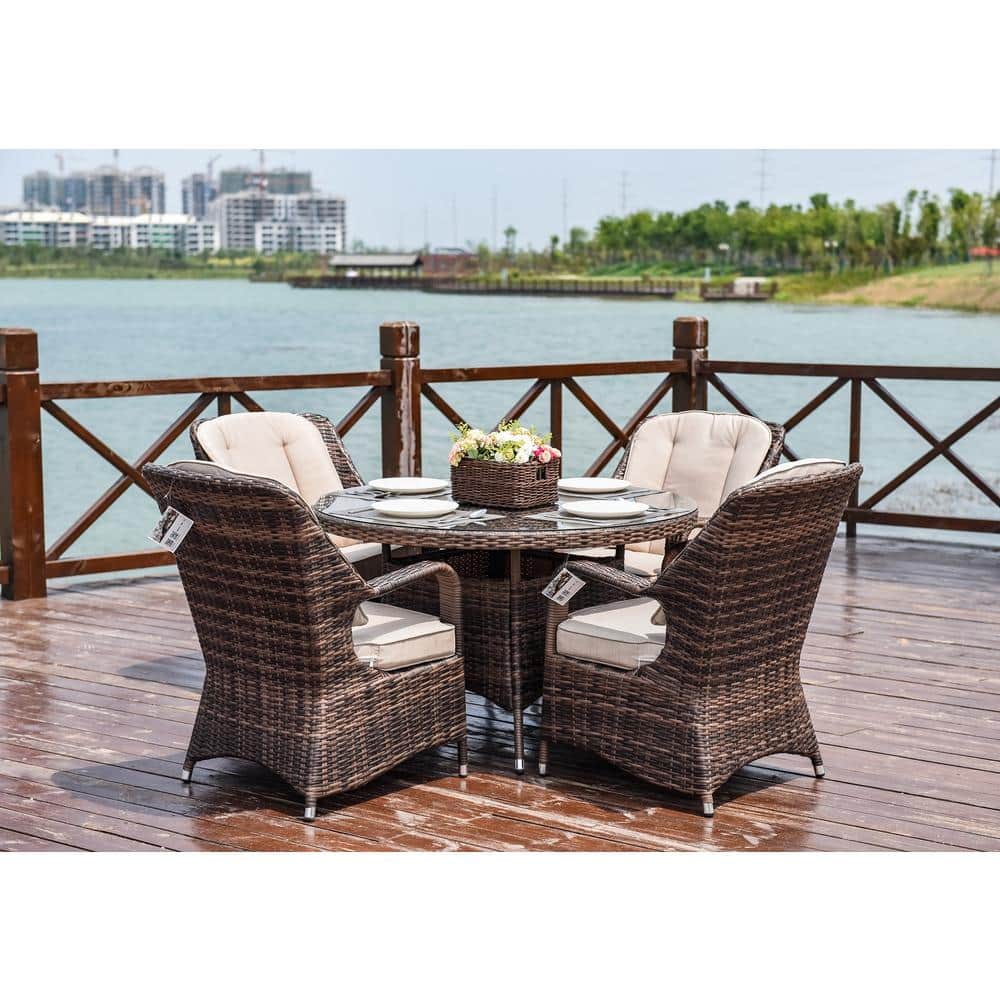 Brown Wicker 5-Piece Round Outdoor Dining Set with Beige Cushions