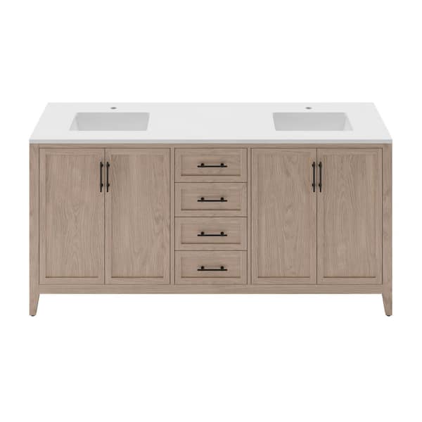 Silas 72 in. Double Sink Freestanding Vanilla Oak Bath Vanity with White Quartz Top and Ceramic Sink Assembled