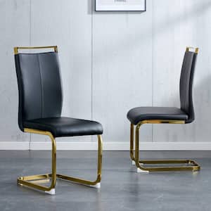 Black PU Faux Leather High Back Upholstered Side Chair with Golden C-Shaped Tube Chrome Metal Legs (Set of 2)
