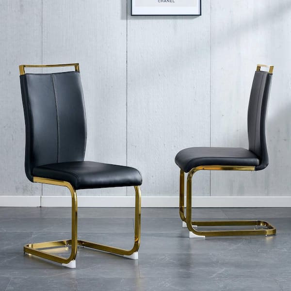 Polibi Black PU Faux Leather High Back Upholstered Side Chair with Golden C-Shaped Tube Chrome Metal Legs (Set of 2)