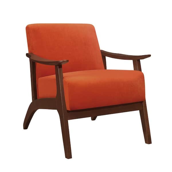 Benjara Orange and Brown Velvet Arm Chair with Cushioned Seat and Wooden Armrest
