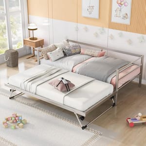 Metal Frame Twin Size Platform Bed, Daybed with Adjustable Trundle, Pop Up Trundle, Silver