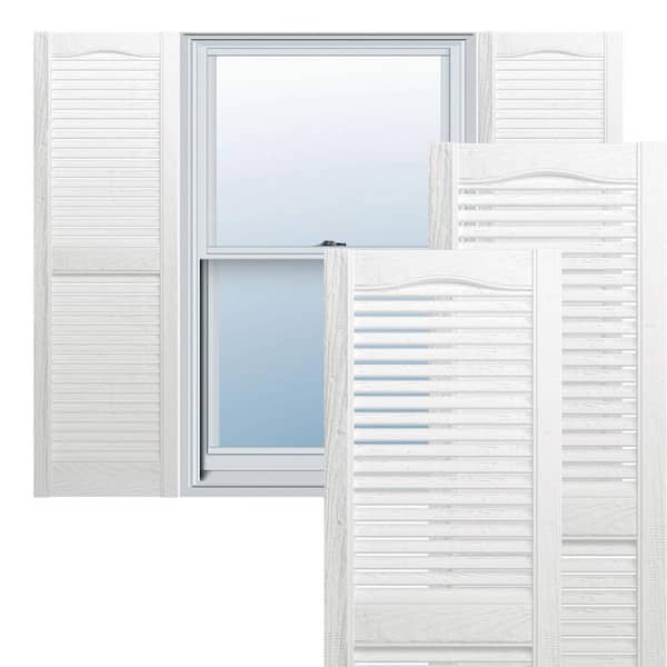Ekena Millwork 14-1/2 in. x 44 in. Lifetime Vinyl TailorMade Cathedral Top Center Mullion Open Louvered Shutters Pair Bright White