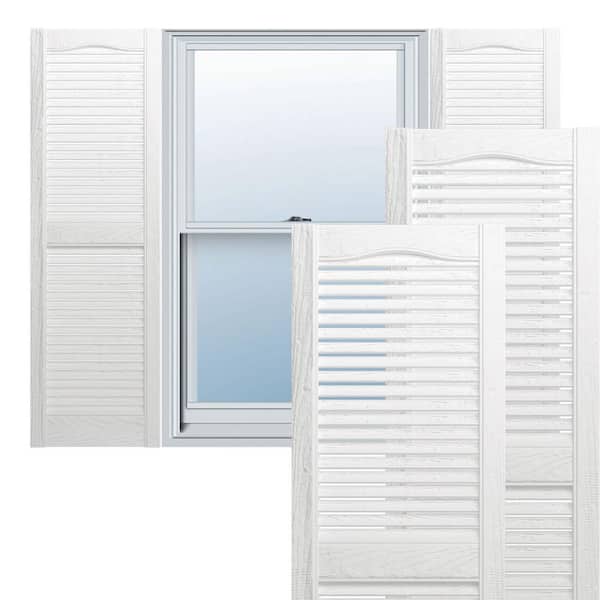 Ekena Millwork 14-1/2 in. x 45 in. Lifetime Vinyl TailorMade Cathedral Top Center Mullion Open Louvered Shutters Pair Bright White