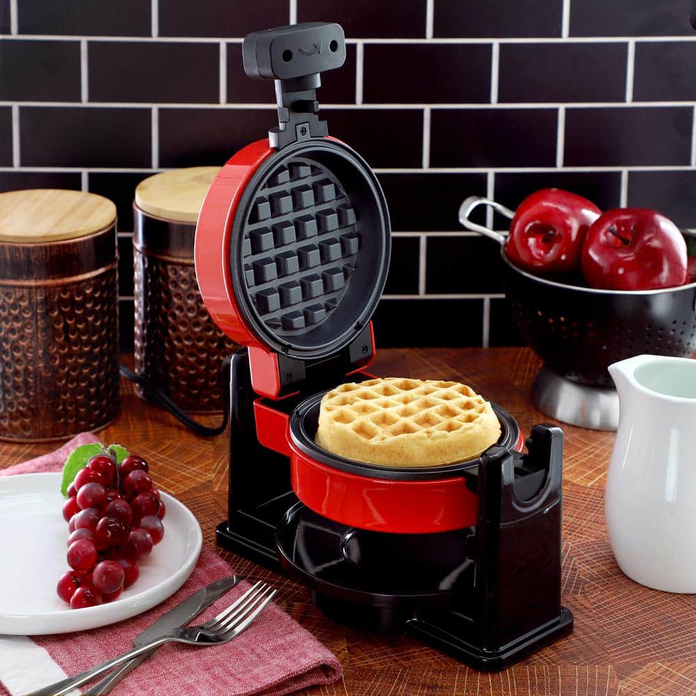 Red Non-Stick Rotating Belgian Style Waffle Maker