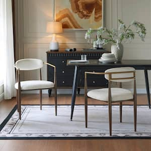 Beige Fabric Upholstered Dining Chairs with Coffee Gold and Gold Metal Legs, (Set of 2)