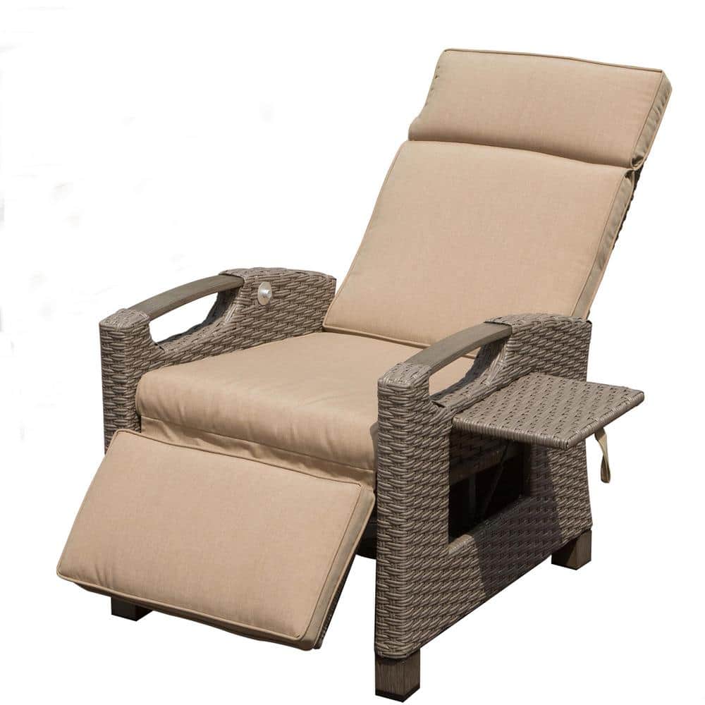 Wicker Outdoor Adjustable Recliner, Patio Lounge Chair with Flip Table and 