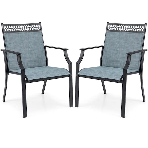 Costway Metal Outdoor Dining Chair with All Weather Breathable Fabric High Backrest in Blue Set of 2