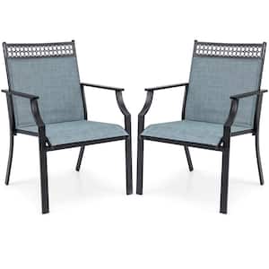 Metal Outdoor Dining Chair with All Weather Breathable Fabric High Backrest in Blue Set of 2