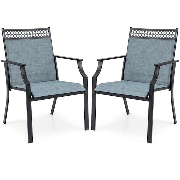 Costway Metal Outdoor Dining Chair with All Weather Breathable Fabric High Backrest in Blue Set of 2