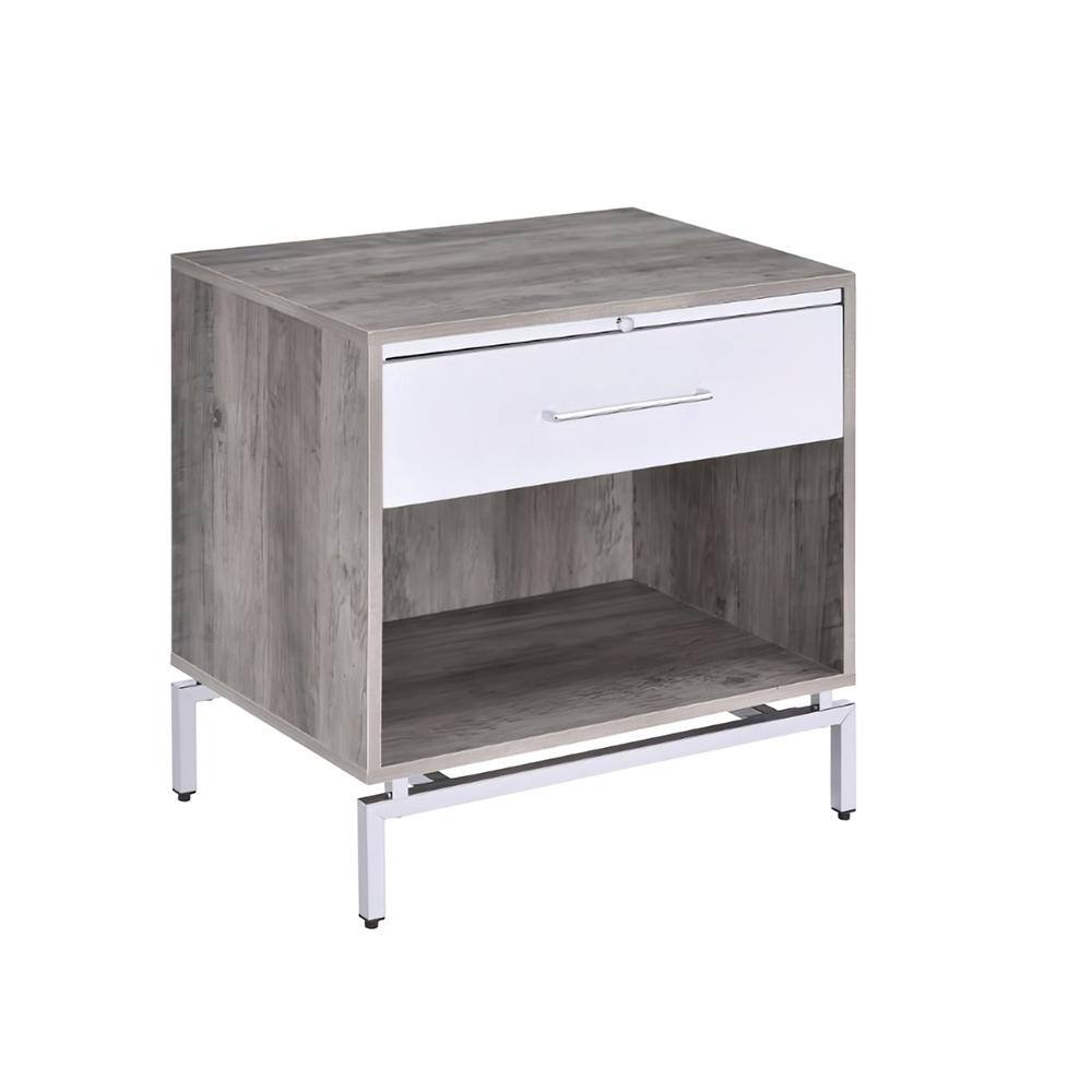 Weathered Gray Oak & White Metal Accent Table with Storage