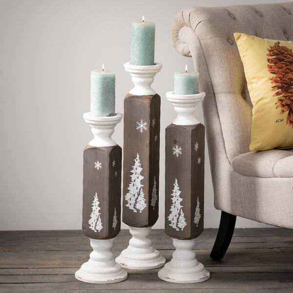 SULLIVANS 22.25", 25.25", and 28.25" Gray and White Wood Pillar Candle Holder (Set of 3)