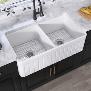 33 in. Large Apron Front Kitchen Sink Double Bowl White Fireclay Farmhouse Sink with Bottom Grids and Strainer Basket