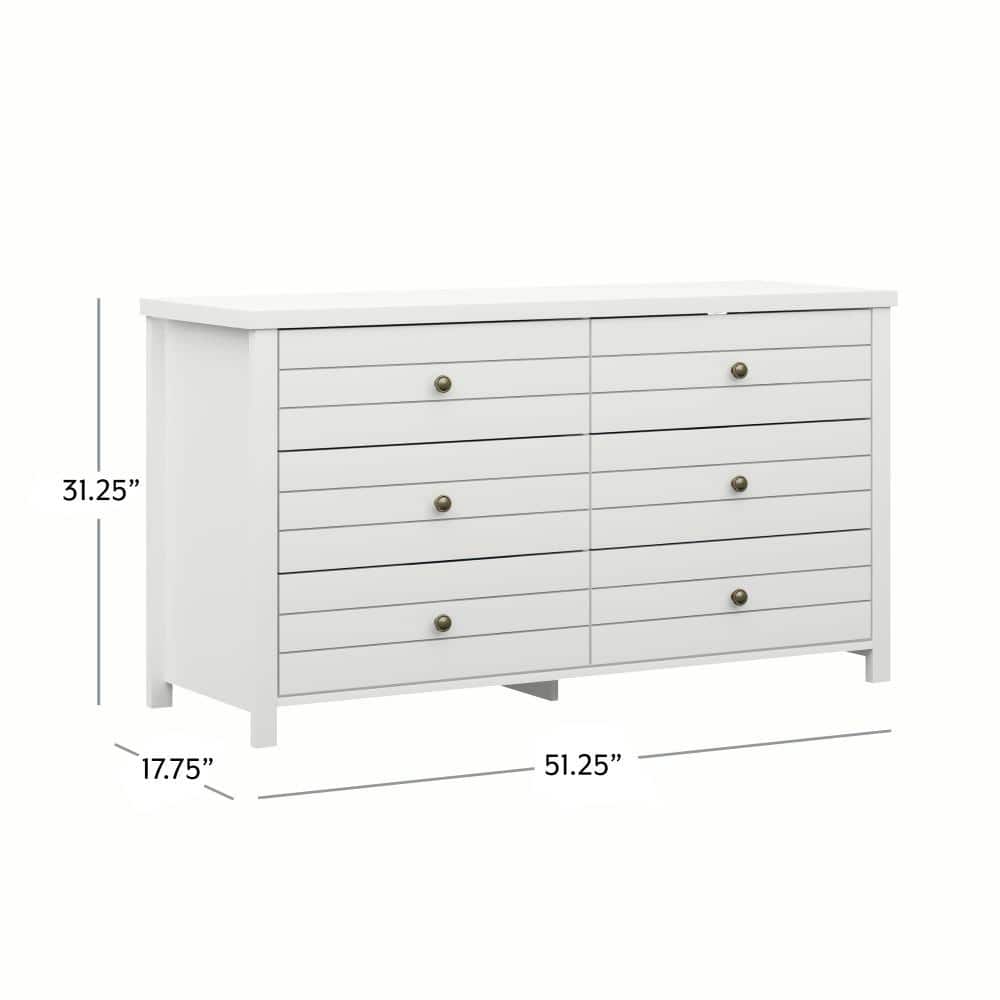 Harmony Coastal 6-Drawer Matte White Dresser with Metal Pulls