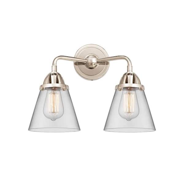 Cone 14.25 in. 2-Light Polished Nickel Vanity Light with Glass Shade