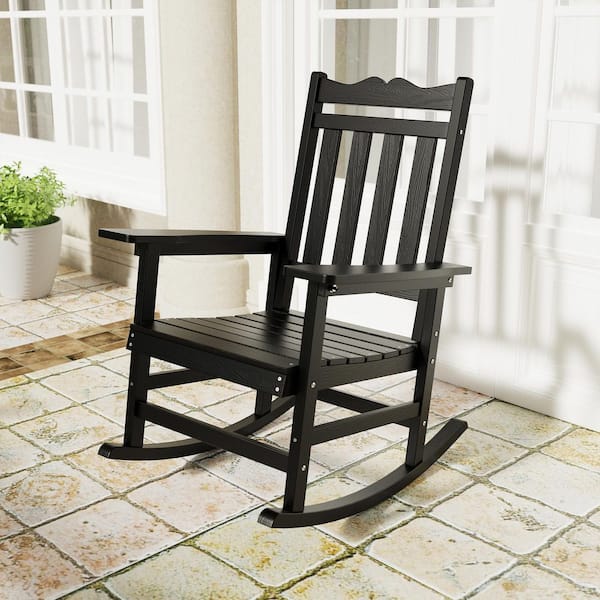 Black Plastic Outdoor Adirondack Rocking Chair with Big Armrests Weather Resistant Easy Installation Rocking Chair
