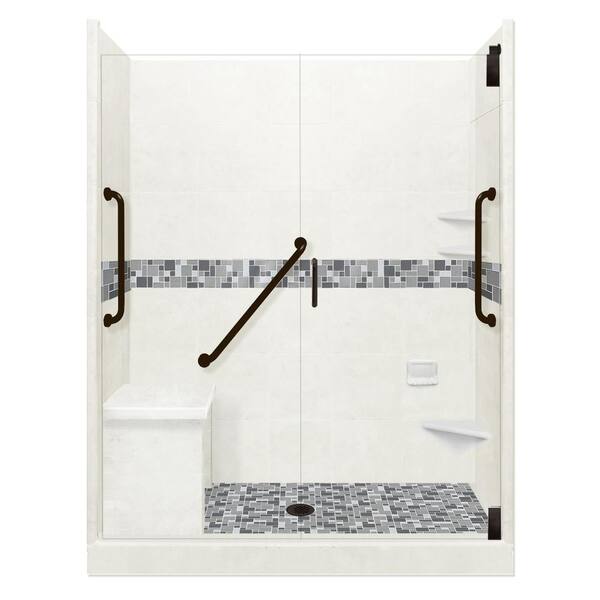 American Bath Factory Newport Freedom Grand Hinged 32 in. x 60 in. x 80 in. Center Drain Alcove Shower Kit in Natural Buff and Black Pipe