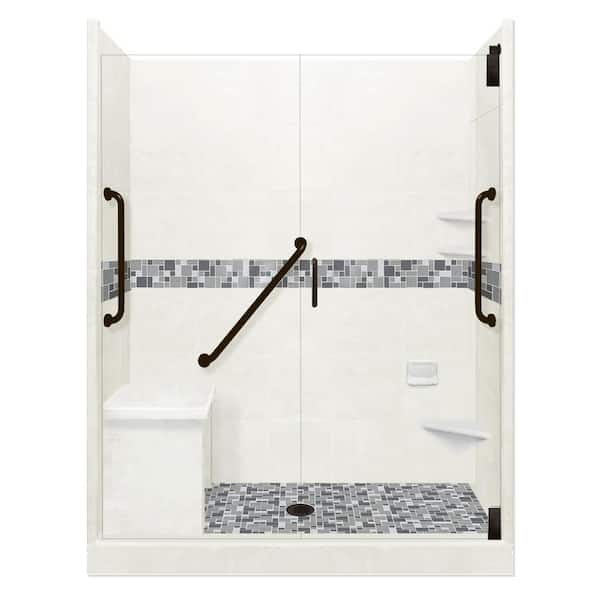 American Bath Factory Newport Freedom Grand Hinged 34 in. x 60 in. x 80 in. Center Drain Alcove Shower Kit in Natural Buff and Black Pipe