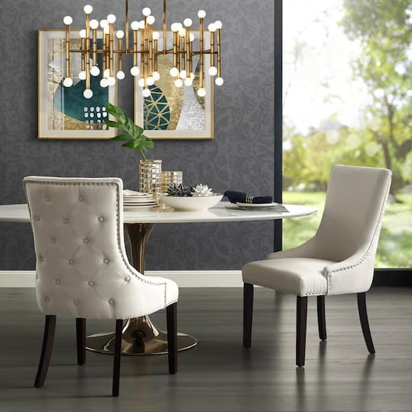 Inspired Home Piper Cream White Linen, Grey Linen Nailhead Dining Chairs