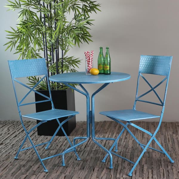 Litton Lane 3-Piece Round Traditional Blue Metal Outdoor Bistro Set