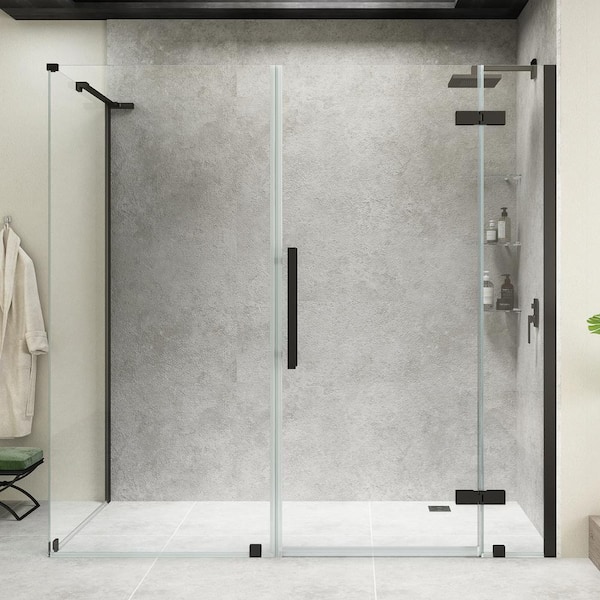 OVE Decors Tampa 68 1/8 in. W x 72 in. H Rectangular Pivot Frameless Corner Shower Enclosure in Black with Shelves