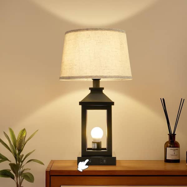 52 in. Black LED Table Lamp Interior Lighting with Linen Shade and USB Port , 2 Bulb included