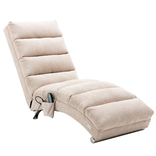Unbranded Beige Polyester Upholstered Metal Frame Ergonomical 140° Backrest Armless Chaise Lounge with Side Pocket