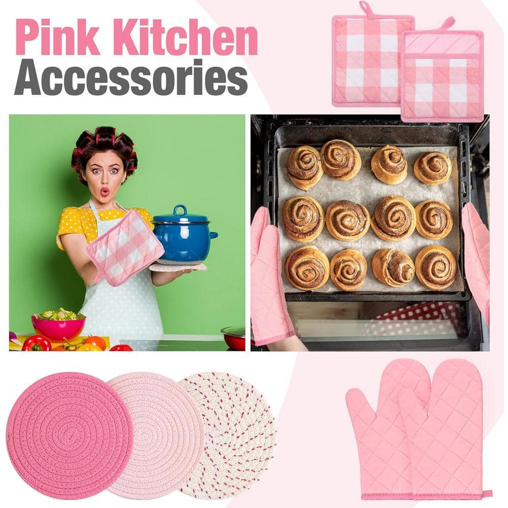Pink and White Cotton Oven Mitts and Pot Holders Set