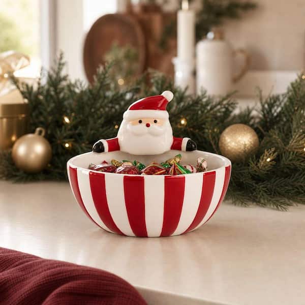 Wudkey 18 fl. oz. 6.2 in. Red Santa Claus Ceramic Candy Bowl, Hand‐Painted Christmas Decor Serving Bowls, Dishwasher Safe