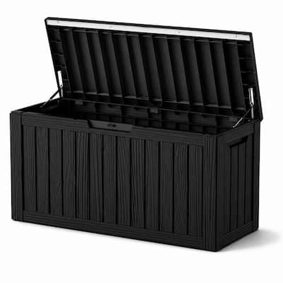 100 Gal. Large Black Wood Grain Resin Deck Box with Dual Gas Struts and Top Metal Rod Lockable Patio Storage Box