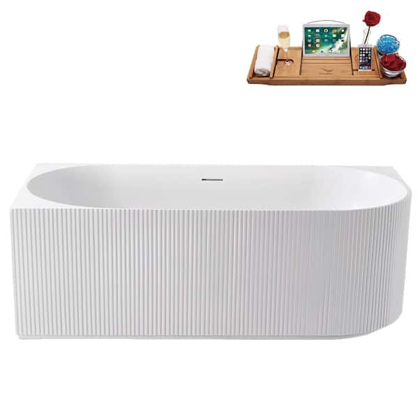 Streamline 59 in. x 30 in. Acrylic Freestanding Soaking Bathtub in Glossy White with Polished Gold Drain, Bamboo Tray
