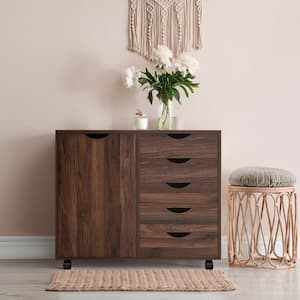 5-Drawer Brown Oak Wood 30.7 in. W Storage Dresser Vertical Cabinet with Shelves, Wheels, Makeup-Drawer File Cabinet